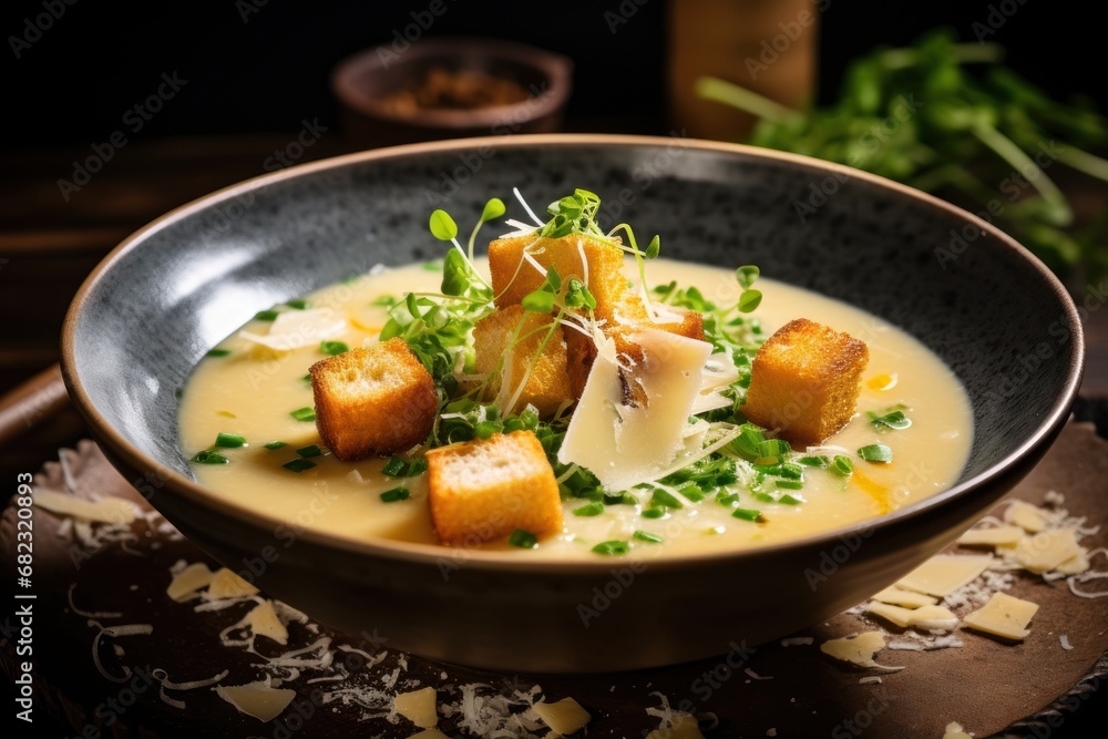 a bowl of soup with croutons and garnished with parmesan cheese and garnished with green garnishes on a wooden table. a bowl of soup with croutons and garnished with parmesan cheese and garnished with green garnishes on a wooden table.