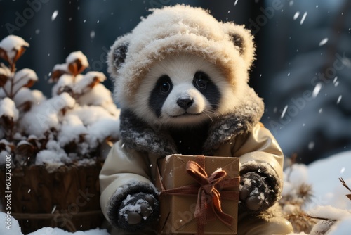 a stuffed panda bear sitting in a basket with a gift in it's lap and snow falling on it's ground and trees and snowing in the background. © Nadia