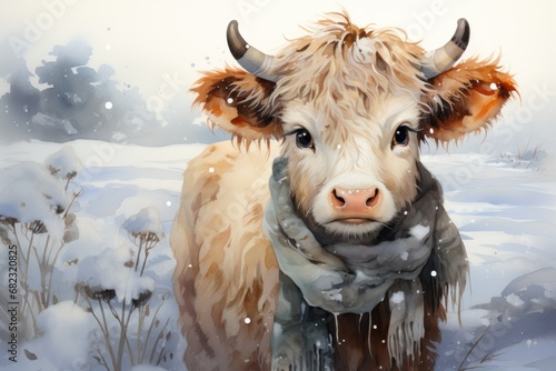  a painting of a cow with a scarf around it's neck, standing in a snowy field with snow on it's ground and looking at the camera.