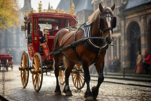 An 18th-century horse-drawn carriage traveling through a cobblestone street, depicting transportation of the era. Generative Ai.