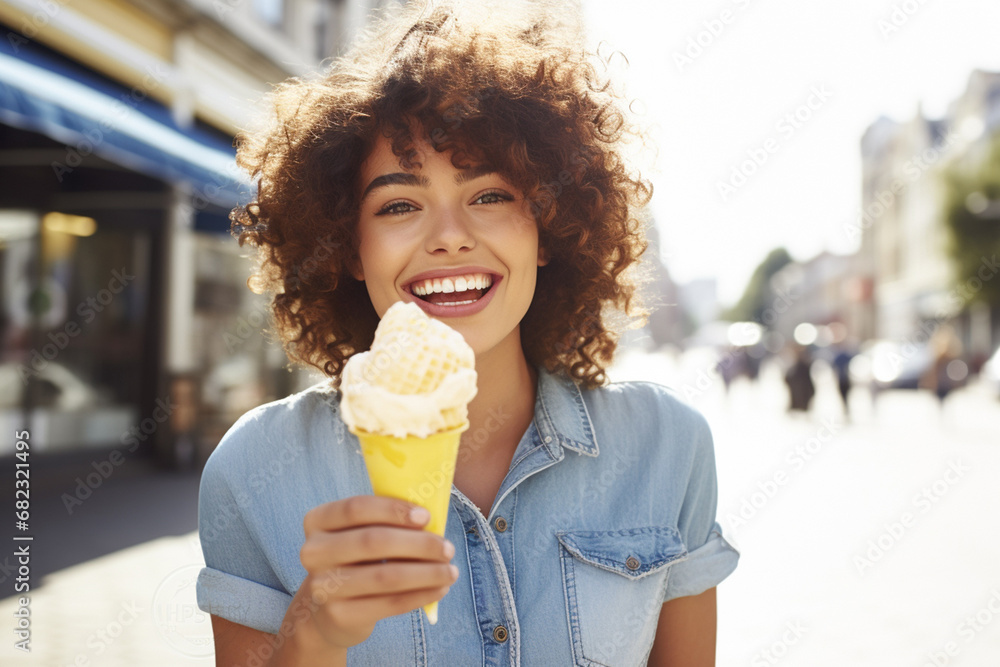 The portrait of an attractive and happy young woman with curly hairstyle and sunglasses is eating an ice cream cone in her hand in the crowd in the hot summer. Generative AI.