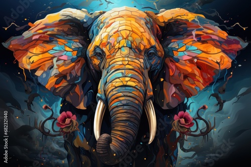  a painting of a colorful elephant with tusks and tusks on it's tusks, with a dark background of blue, yellow, red, orange, orange, and yellow, and blue. © Nadia