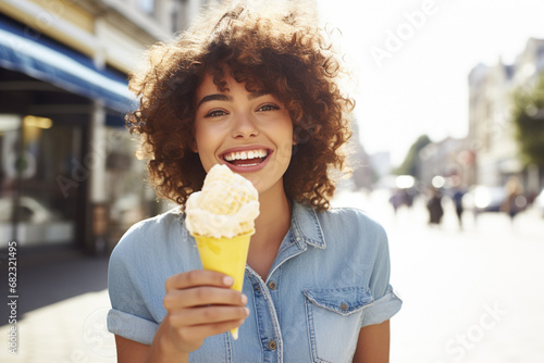 The portrait of an attractive and happy young woman with curly hairstyle and sunglasses is eating an ice cream cone in her hand in the crowd in the hot summer. Generative AI.