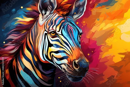  a close up of a zebra s face with multicolored paint splattered on it s face and a yellow  red  orange  blue  yellow  orange  and pink  and blue  and black background.