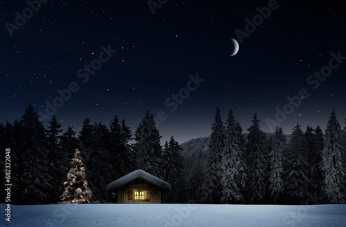 Schneebedeckte Winterhütte in sternenklarer Nacht