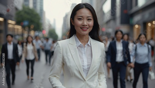 A Vision of Success: A Confident Asian Businesswoman Navigates the Urban Landscape
