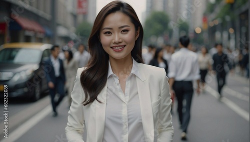 A Vision of Success: A Confident Asian Businesswoman Navigates the Urban Landscape