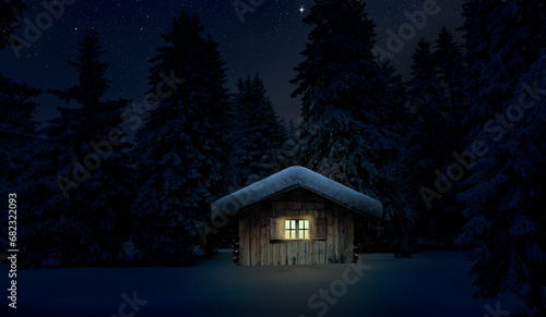 Schneebedeckte Winterhütte in sternenklarer Nacht