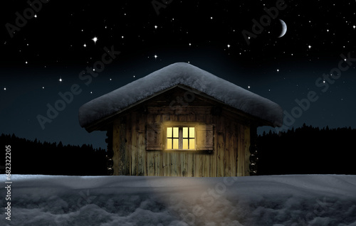 Schneebedeckte Winterhütte in sternenklarer Nacht