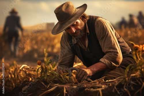A farmer working in the fields with period-accurate tools, representing agricultural practices of the time. Generative Ai.