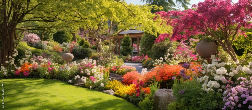 The garden was a mesmerizing sight, bursting with vibrant green foliage and colorful flowers, creating a beautiful and natural backdrop for the outdoor space. The garden design showcased a plethora of