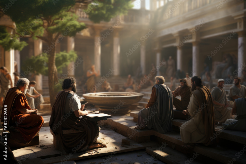 Fototapeta premium Greek philosophers engaged in lively debates in the Agora of Athens, embodying the intellectual life of ancient Greece. Generative Ai.