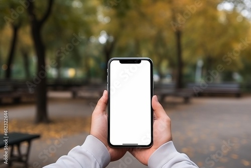Blank template mockup phone white screen close-up on the background of a autumn park. Hands of a man walking in nature holds a smartphone. Generative AI.