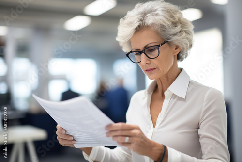 The portrait of a senior businesswoman in a tidy outfit and glasses is reading document papers in her hands at an office. Generative AI. photo