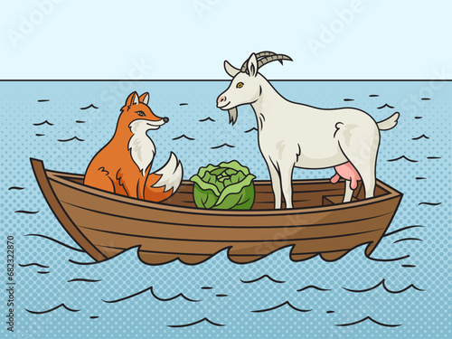 Wolf goat and cabbage problem pinup pop art retro hand drawn vector illustration. Comic book style imitation.