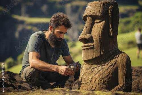 Rapa Nui islanders carving moai statues, symbolizing the spiritual and artistic traditions of the Rapa Nui people. Generative Ai. photo