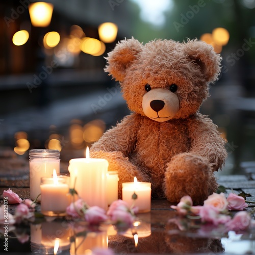   a teddy bear holding a heart with candles in the background,Teddy Day, Propose day, Valentines day  © CREATIVE STOCK