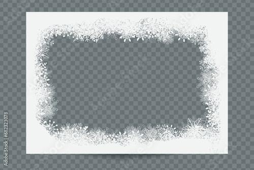 Vector winter frame with white snowflakes on borders on transparent background.