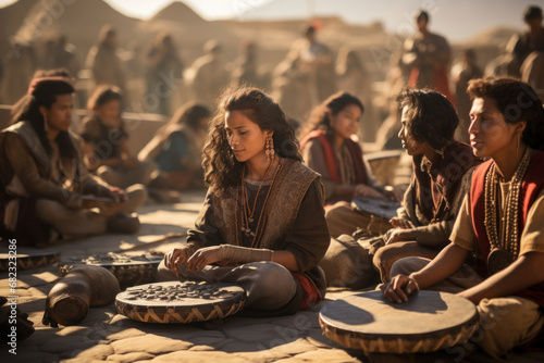 Caral-Supe residents participating in a musical performance, reflecting the cultural life of the Caral civilization. Generative Ai.