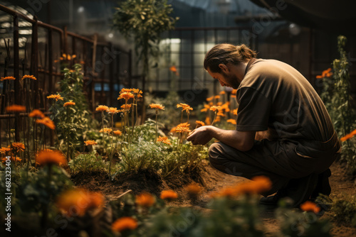 A prisoner tending to a garden within the prison grounds, fostering growth amid confinement. Concept of horticultural rehabilitation. Generative Ai.