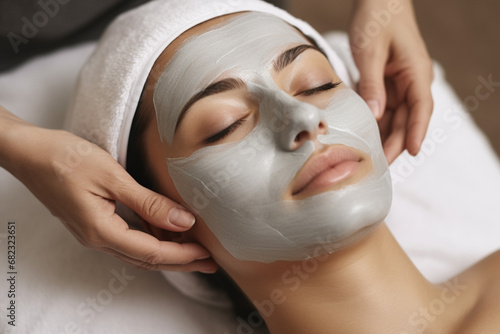 The photo shoot of a relaxed woman getting a face mark and aroma scent candle by a professional beautician at a beauty spa center. Generative AI.