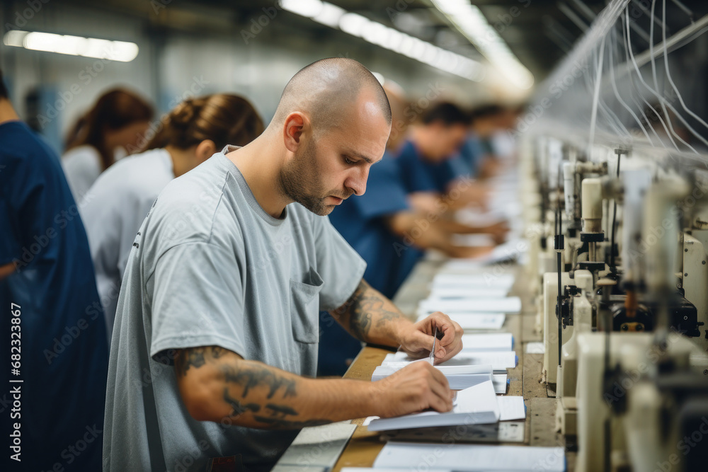 Inmates working in a prison print shop, developing printing and design skills. Concept of vocational training. Generative Ai. Inmates working in a prison print shop, developing printing and design skills. Concept of vocational training. Generative Ai.