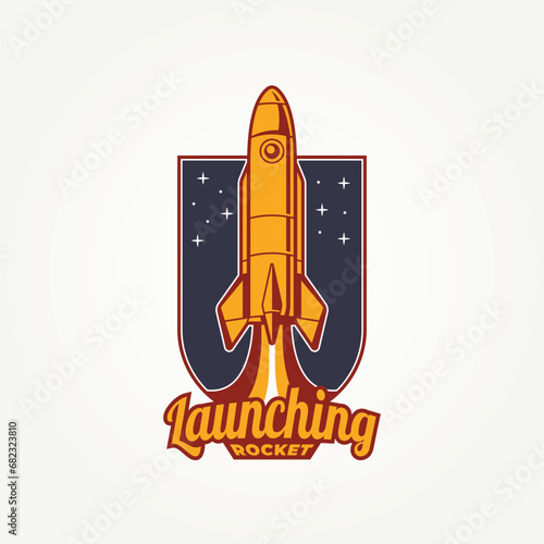 launching rocket retro badge logo template vector illustration design. vintage futuristic, space, innovation emblem logo concept