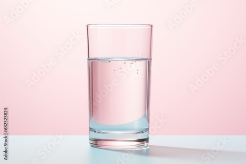  a glass of water on a table with a pink wall in the background and a light pink wall in the middle of the room behind the glass is a half full of water.