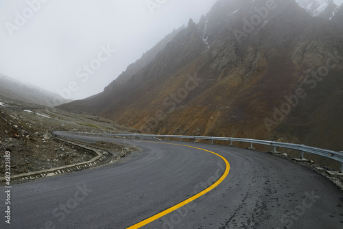 A curve on the Karakoram Highway which connects Pakistan and China through a famous mountainous road. photo