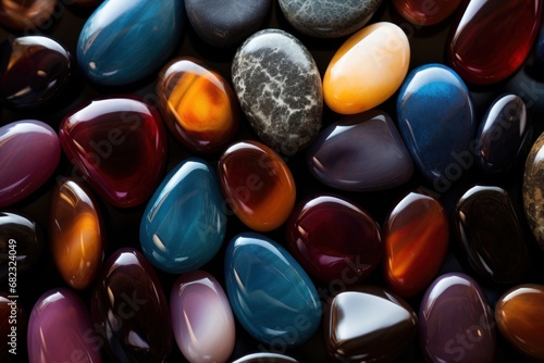  a group of colorful rocks sitting next to each other on top of a black surface with a white dot on the top of one of the rocks and a red dot on the top of the rocks.