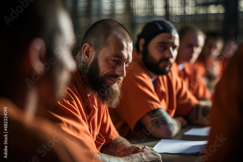 Inmates participating in a poetry workshop  expressing their emotions and experiences through verse. Concept of poetry therapy in rehabilitation. Generative Ai.