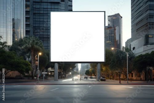 A blank billboard towering above a city street, showcasing potential advertising concepts. Generative Ai.