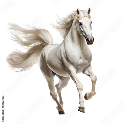 White arabian horse running isolated on a white background