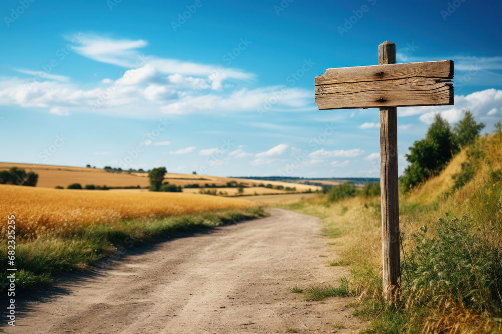 A blank wooden signpost on a rural road, symbolizing possibilities for custom directional signs. Generative Ai.