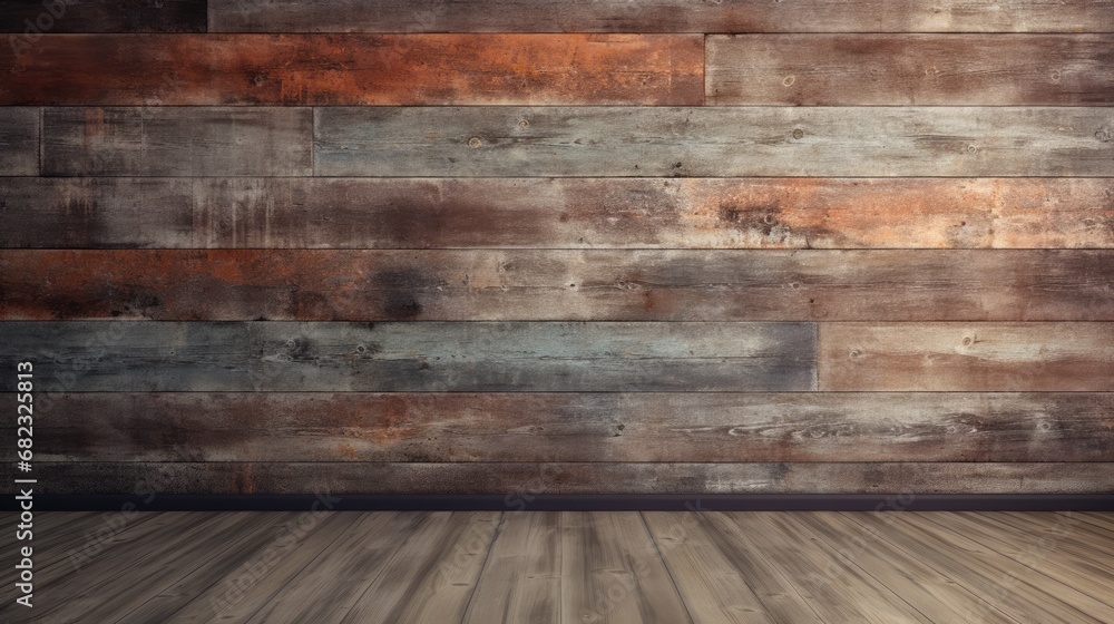 Naklejka premium The old wooden wall, with its retro, grunge texture, showcased a vintage abstract design that beautifully combined nature's natural elements of wood and grain, complementing the vintage floor and