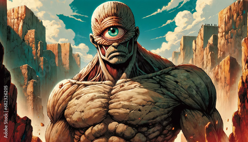 Anime-style illustration of a Cyclops, set in a mythical landscape with rocky terrain.  photo