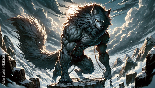 Anime-style illustration of Fenrir, the colossal wolf from Norse mythology, presented in a 16:9 ratio. photo