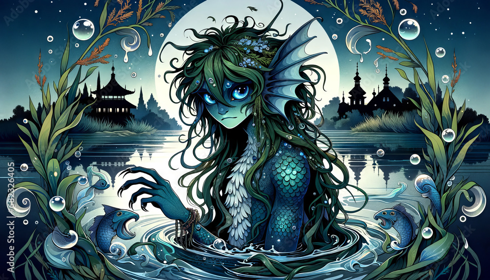 Anime-style representation of Vodyanoy, the Slavic water spirit, in a 16:9 ratio
