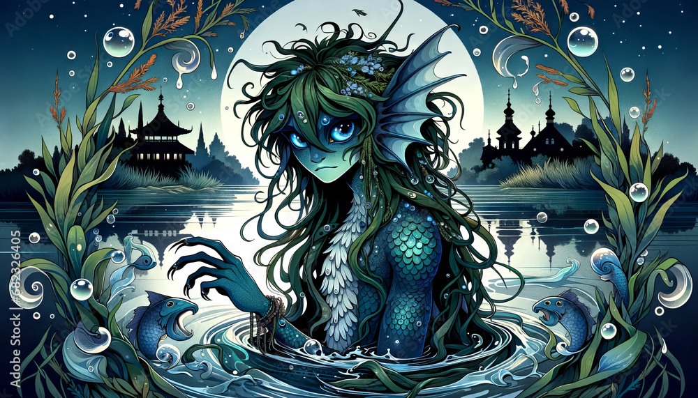 Fototapeta premium Anime-style representation of Vodyanoy, the Slavic water spirit, in a 16:9 ratio