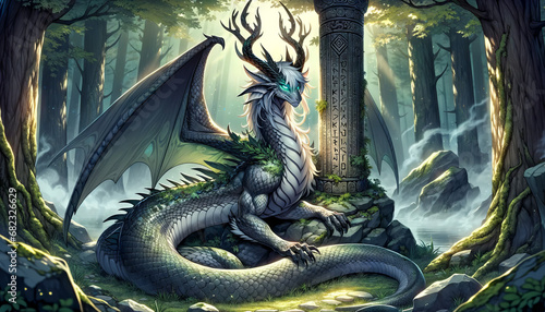 Anime-style illustration of Veles, the Slavic dragon, presented in a 16:9 ratio.