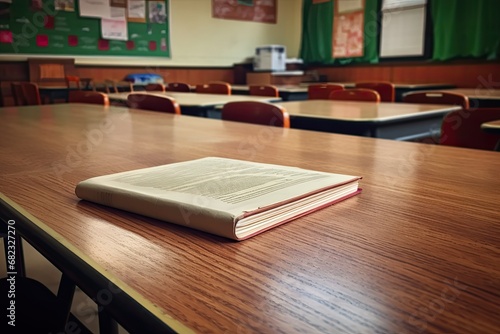 School class room without students, no kid or teacher with chairs and tables. photo