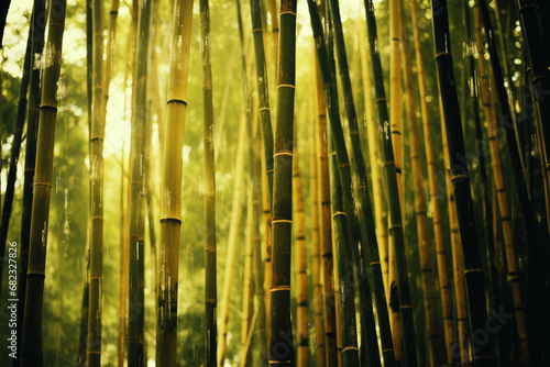 Patterns and textures of a bamboo forest rendered abstract, capturing the movement and energy of the swaying bamboo.