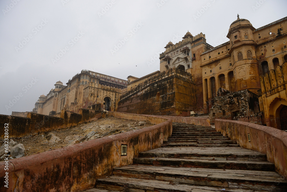  Staircase at the entrance of Amer fort of Jaipur, seen on a cloudy day.