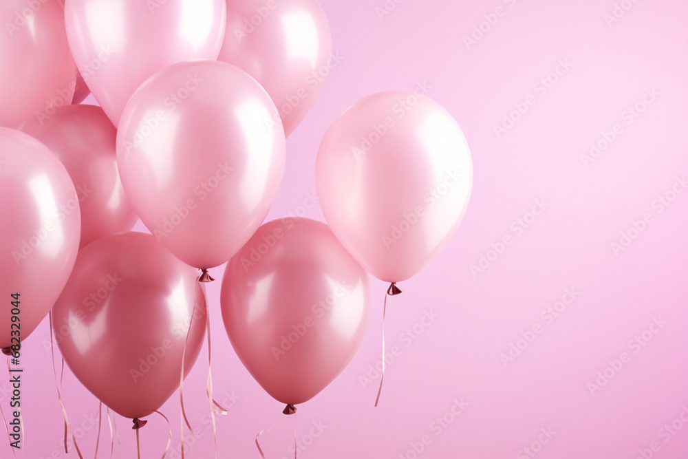 The wallpaper of many pink helium balloons flying on a gradient pink and yellow background with metallic glitter and bokeh lights in a party celebration. Generative AI.