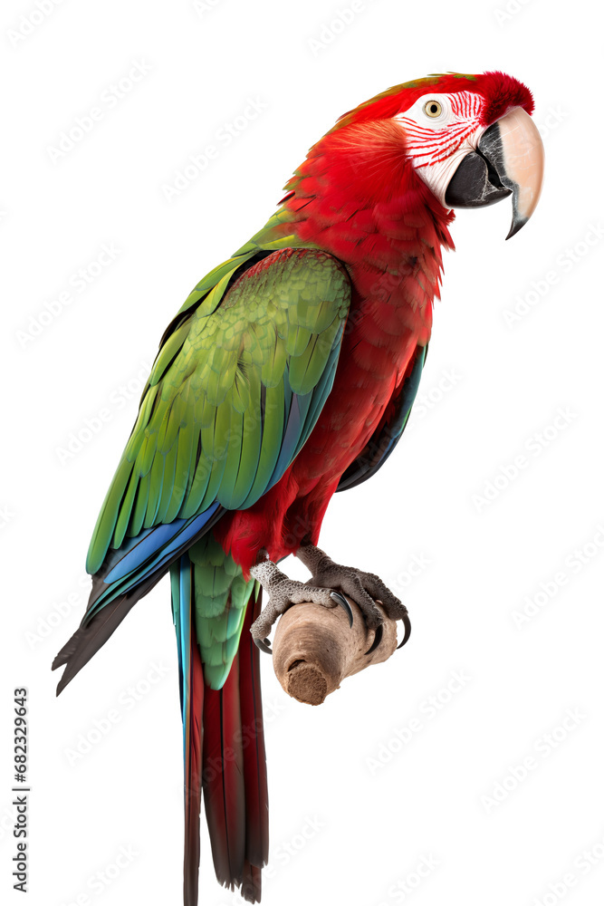 Close-up portrait of a parrot on a branch isolated on transparent background cutout, PNG file.
