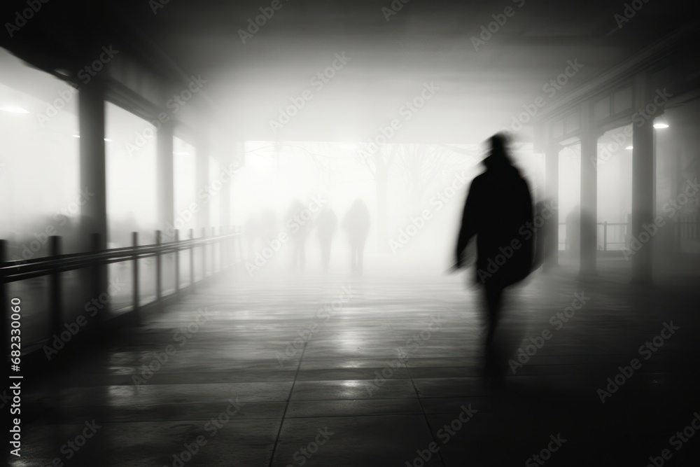  a black and white photo of a person walking in a foggy hallway with several people standing in the distance on either side of the walkway and onlookers.