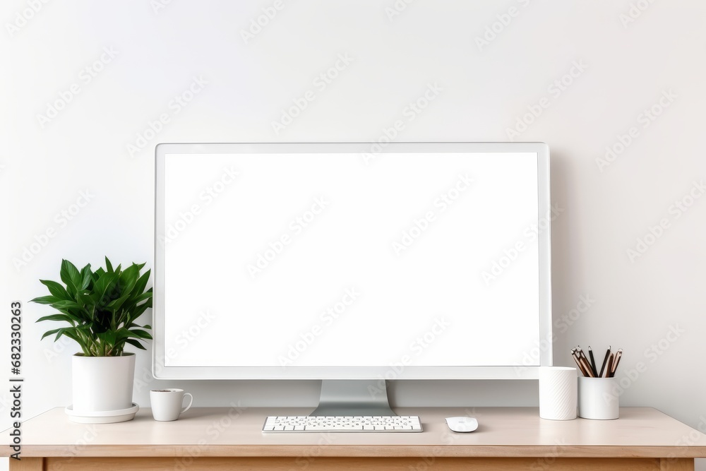 Copy space mockup template computer monitor with a white screen on a wooden table. Cozy minimalistic workplace at home , Generative AI. Copy space mockup template computer monitor with a white screen on a wooden table. Cozy minimalistic workplace at home , Generative AI.
