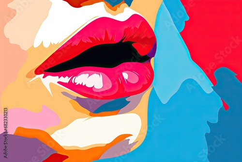 Concept of a kiss, abstract art is presented in a minimalist and pop art style, blending simplicity with vibrant, eye-catching elements.