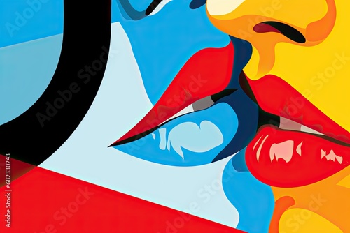 Concept of a kiss, abstract art is presented in a minimalist and pop art style, blending simplicity with vibrant, eye-catching elements.