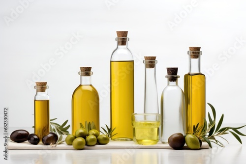  olives, olive oil, and olive oil are arranged in a row on a cutting board with olives and a bottle of olive oil in the foreground.